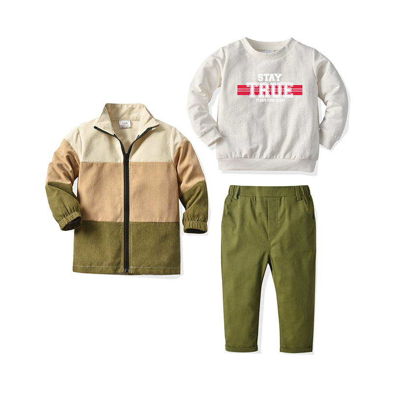 3 Pieces Kid Boy Set Stay True Top & Trousers & Color Blocking Jacket Wholesale 98607028