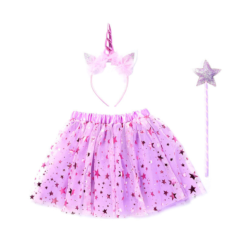 3 Pieces Kid Girl Perform Sequins Star Skirt & Unicorn Headband & Magic Wand Wholesale 99865771