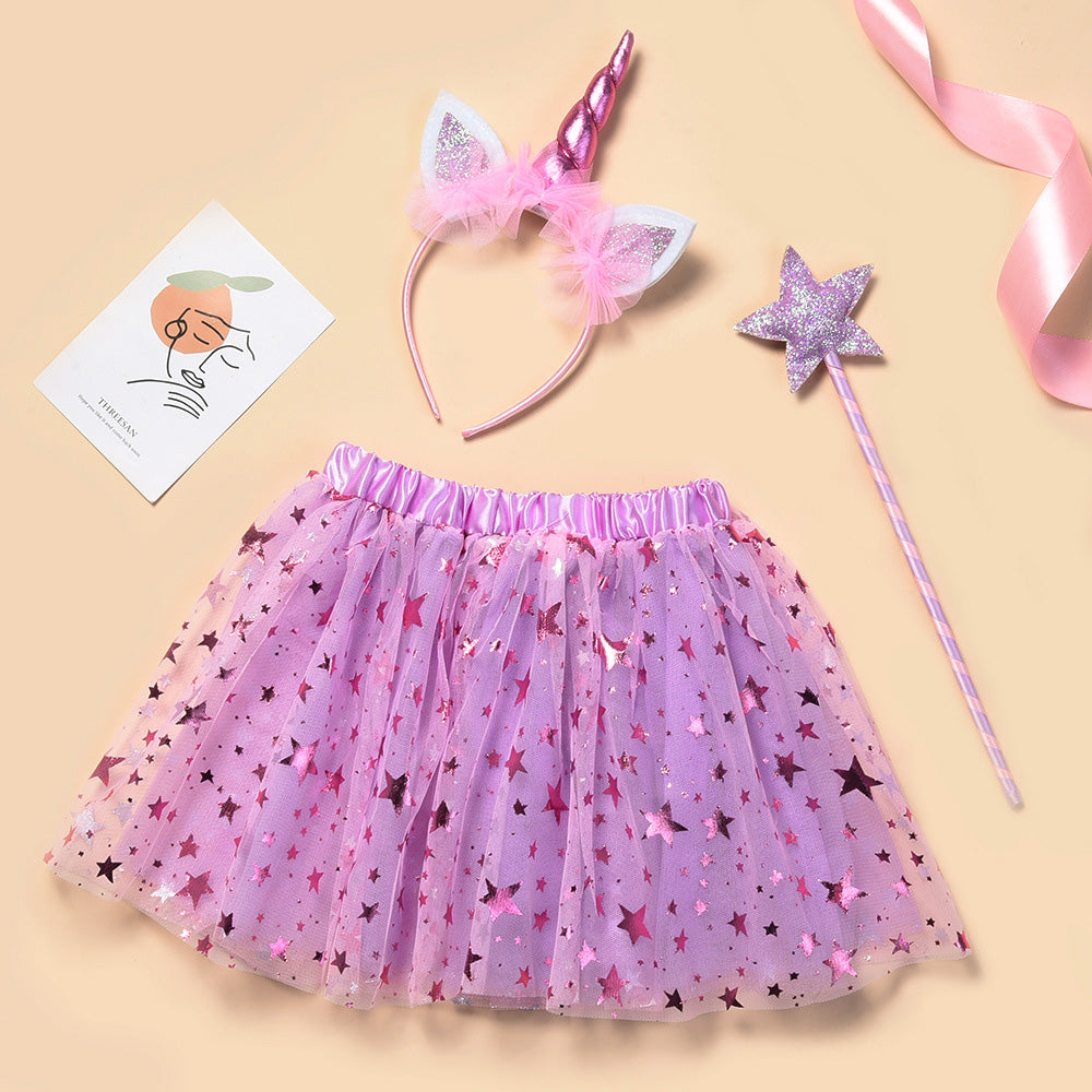 3 Pieces Kid Girl Perform Sequins Star Skirt & Unicorn Headband & Magic Wand Wholesale 99865771
