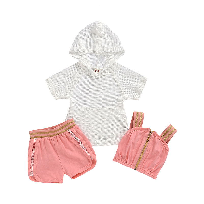 3 Pieces Set Baby Kid Girls Tops Solid Color Hoodies And Shorts Wholesale 07567458