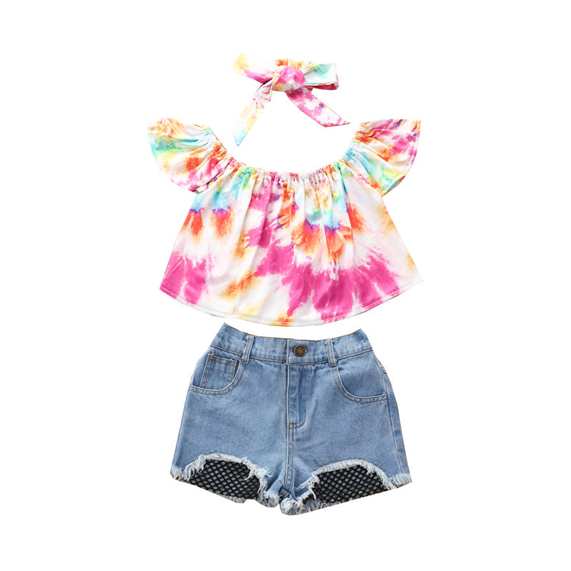3 Pieces Kid Girl Tie Dye Off Shoulder Top & Fishnet Hem Denim Shorts & Headband Set Wholesale 27482249