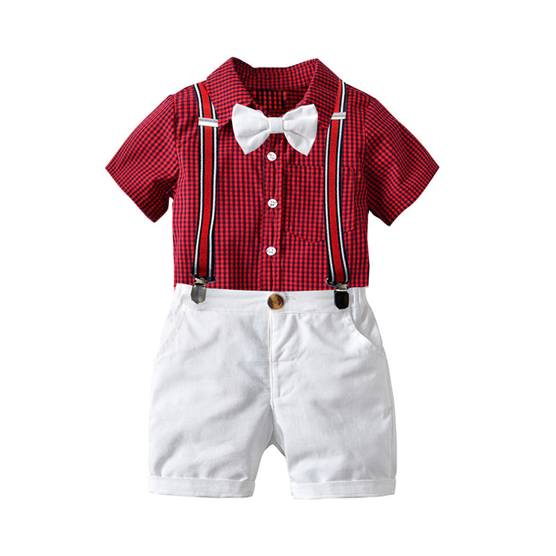 4-Piece Little Boys Summer Gentleman Party Outfits Check Bowtie Shirt And Suspender Shorts Wholesale 90492126