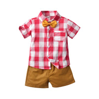 Load image into Gallery viewer, 2 Pieces Set Baby Kid Boys Dressy Checked Shirts And Solid Color Shorts Wholesale 449512017
