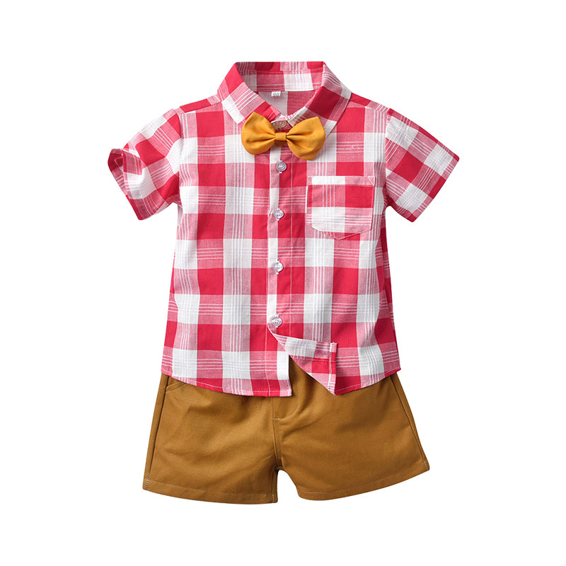 2 Pieces Set Baby Kid Boys Dressy Checked Shirts And Solid Color Shorts Wholesale 449512017