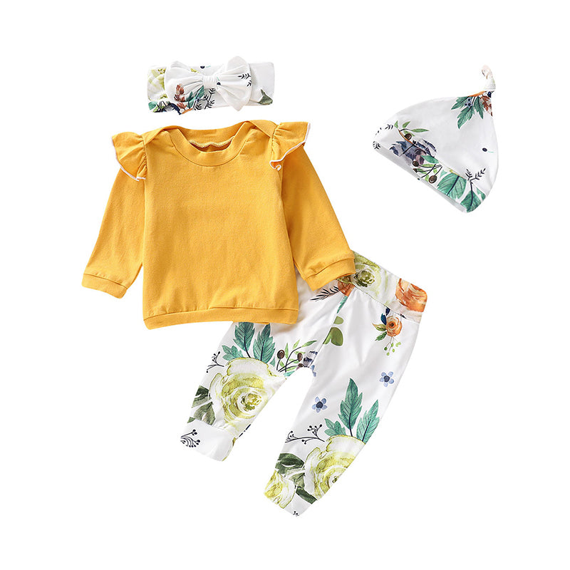 4 Pieces Baby Girl Floral Outfit Top & Pants & Hat & Headband Wholesale 06786094
