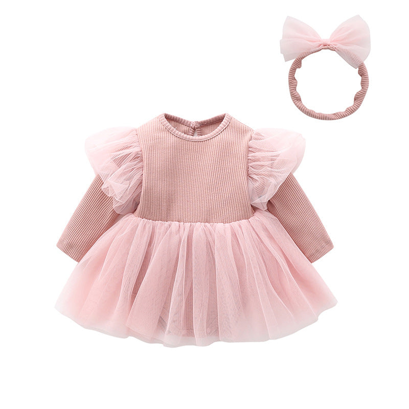 Baby Girls Solid Color Bow Lace Muslin&Ribbed Dresses Wholesale 513310760