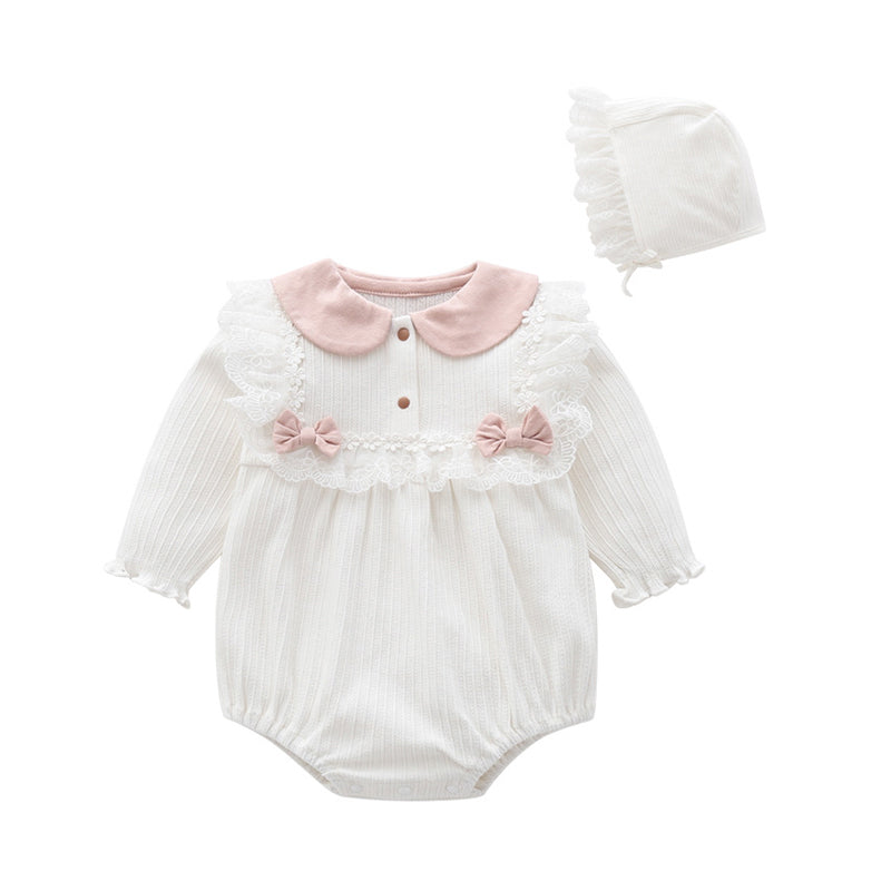 Baby Girls Flower Bow Lace Muslin&Ribbed Rompers Wholesale 523410757