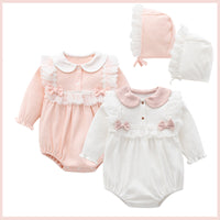 Load image into Gallery viewer, Baby Girls Flower Bow Lace Muslin&amp;Ribbed Rompers Wholesale 523410757

