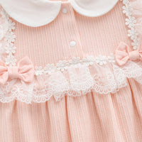 Load image into Gallery viewer, Baby Girls Flower Bow Lace Muslin&amp;Ribbed Rompers Wholesale 523410757
