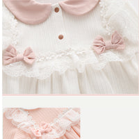 Load image into Gallery viewer, Baby Girls Flower Bow Lace Muslin&amp;Ribbed Rompers Wholesale 523410757
