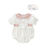 Load image into Gallery viewer, Baby Girls Flower Bow Lace Muslin&amp;Ribbed Rompers Wholesale 523410757
