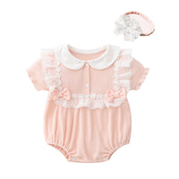 Load image into Gallery viewer, Baby Girls Flower Bow Lace Muslin&amp;Ribbed Rompers Wholesale 523410757
