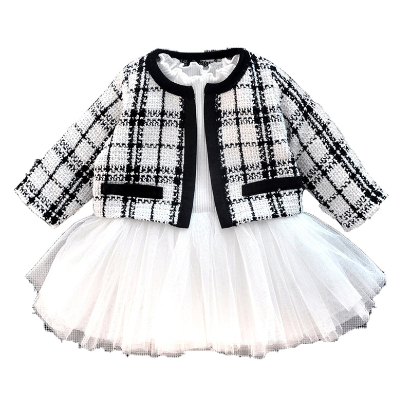 2 Pieces Set Baby Kid Girls Dressy Checked Solid Color Dresses Wholesale 564010792