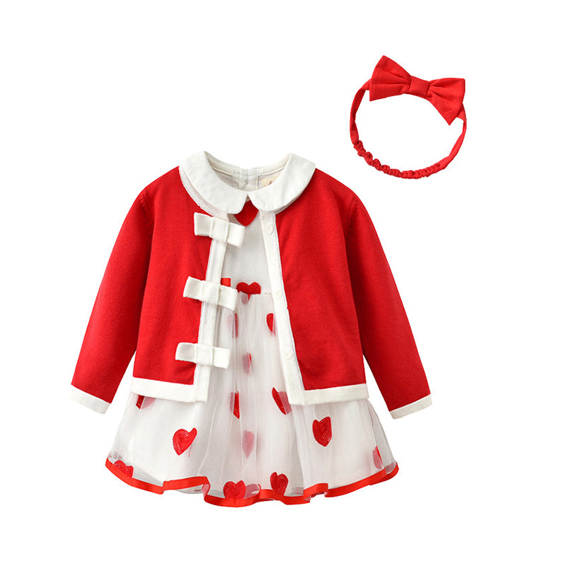 3 Pieces Set Baby Kid Girls Valentine's Day Birthday Color-blocking Cardigan Love heart Lace Embroidered Princess Dresses And Bow Headwear Wholesale 56569552