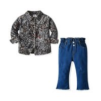 Load image into Gallery viewer, 2 Pieces Set Kid Girls Leopard Print Blouses And Solid Color Jeans Wholesale 58769688

