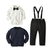 Load image into Gallery viewer, 5 Pieces Kid Boy Gentleman Set Bowtie Shirt &amp; Suspender Pants &amp; Knitted Cardigan Wholesale 32704346
