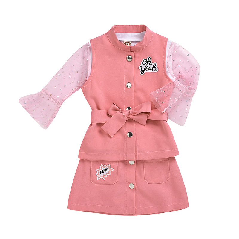 3 Pieces Set Baby Kid Girls Color-blocking Tops Letters Embroidered Vests Waistcoats And Skirts Wholesale 81217500