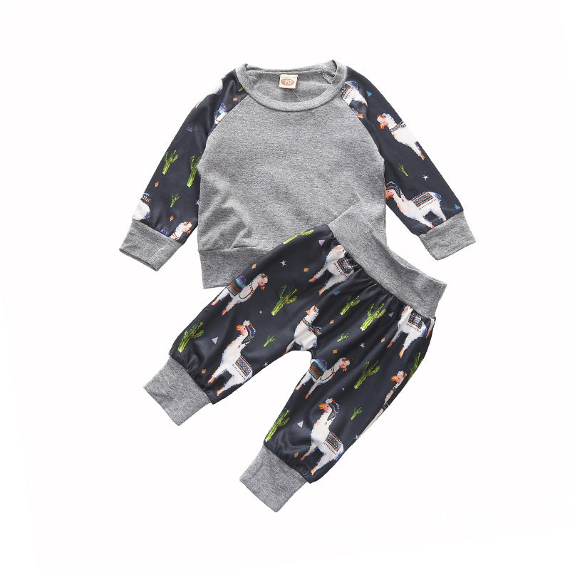 2 Pieces Set Baby Boys Color-blocking Print Tops Animals And Plant Pants Wholesale 80567546