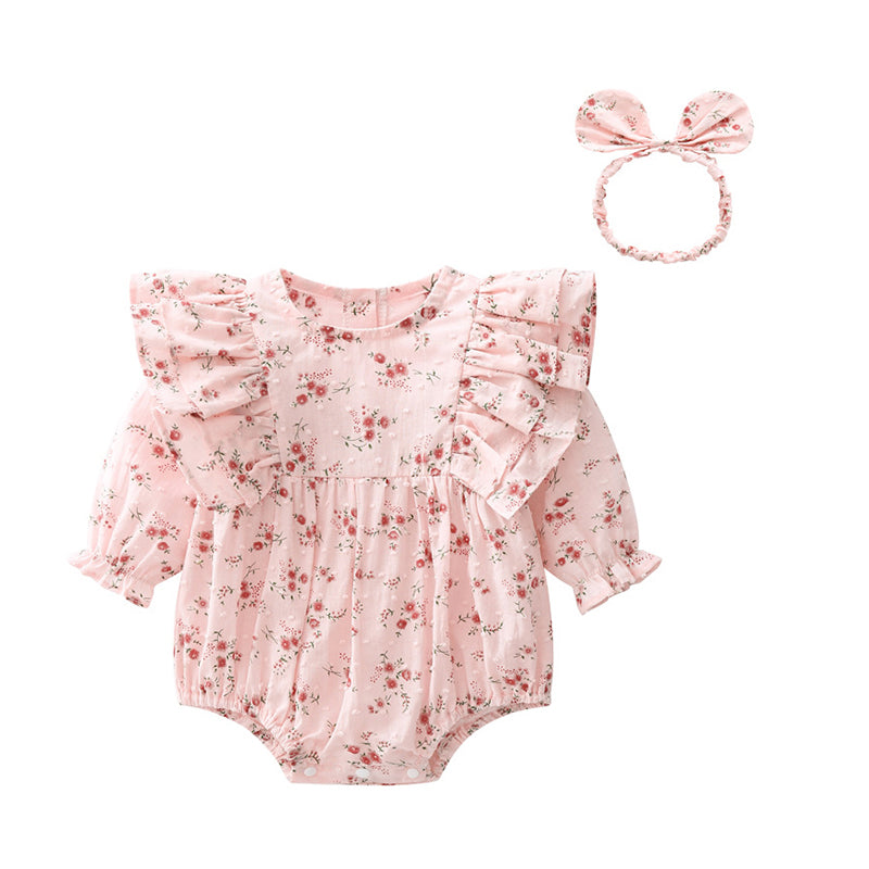 Baby Girls Flower Print Rompers Headwear Wholesale 609210847