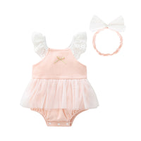Load image into Gallery viewer, Baby Girls Color-blocking Bow Lace Rompers Headwear Wholesale 657110870

