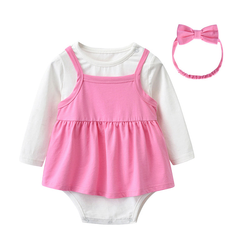 3 Pieces Set Baby Girls Solid Color Rompers And Dresses And Bow Headwear Wholesale 66979669
