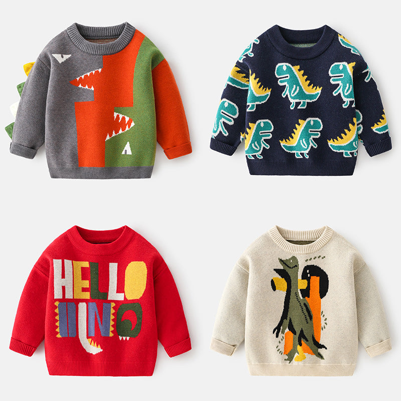 Kid Boys Letters Color-blocking Dinosaur Cartoon Print Sweaters Wholesale 67648357