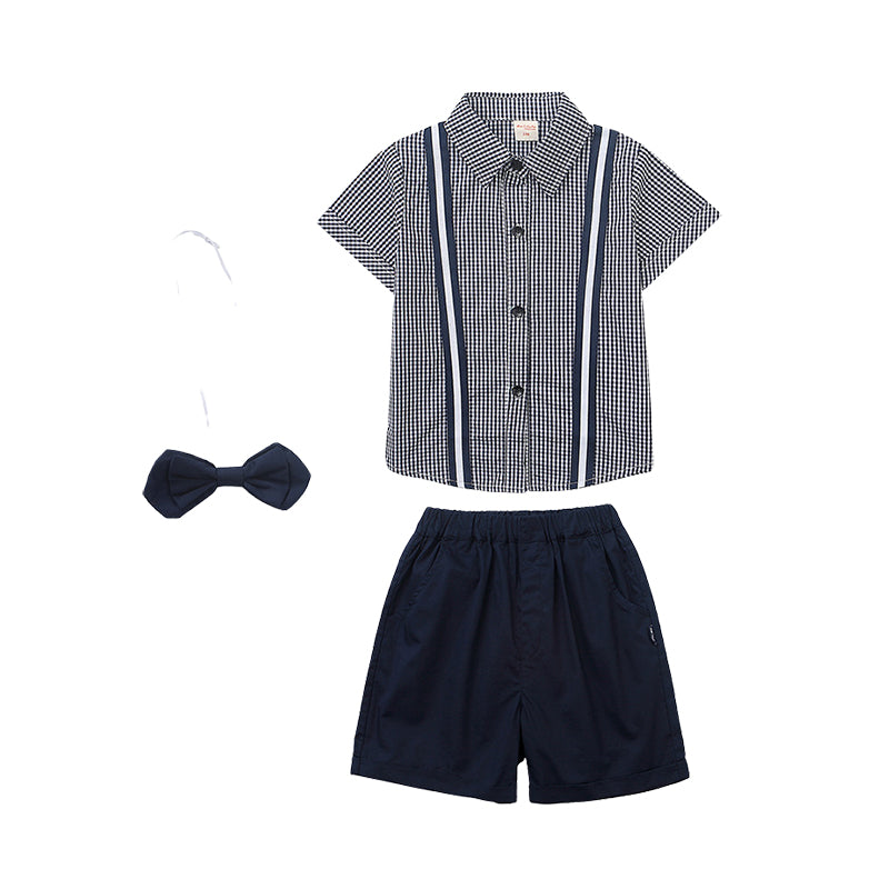 2 Pieces Set Kid Big Kid Boys Dressy Checked Shirts And Solid Color Shorts Wholesale 733412000