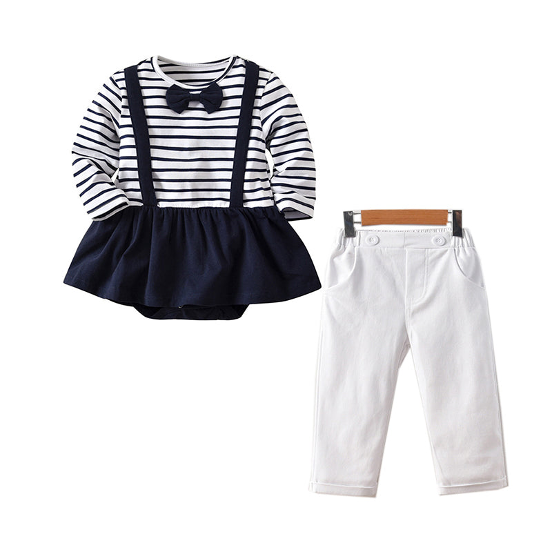 2 Pieces Set Baby Kid Girls Striped Color-blocking Bow Rompers Solid Color Pants Wholesale 78919694