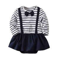 Load image into Gallery viewer, 2 Pieces Set Baby Kid Girls Striped Color-blocking Bow Rompers Solid Color Pants Wholesale 78919694
