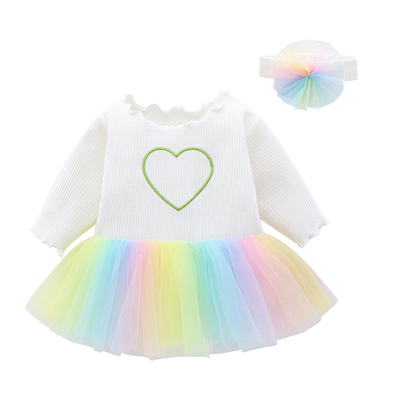 Baby Girls Rainbow Love heart Lace Muslin&Ribbed Valentine's Day Rompers Headwear Wholesale 885210842