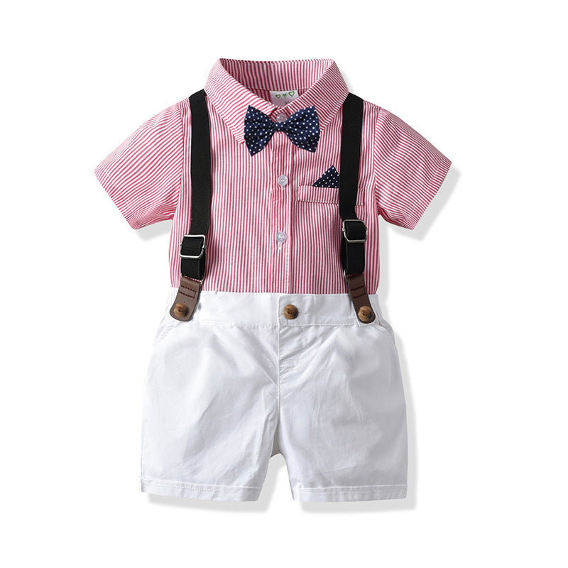 2 Pieces Set Baby Kid Boys Dressy Polka dots Bow Shirts And Striped Trousers Wholesale 89849288