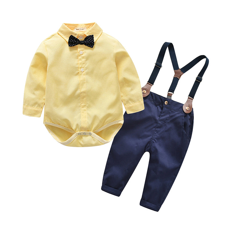 2 Pieces Kid Boy Set Yellow Bowtie Shirt Bodysuit & Overall Pants Wholesale 06195255