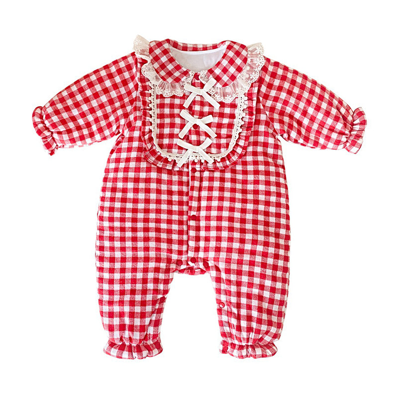 Baby Kid Girls Checked Bow Lace Jumpsuits Wholesale 901710454