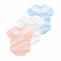 Load image into Gallery viewer, Baby Girls Solid Color Lace Muslin&amp;Ribbed Rompers Wholesale 910210879
