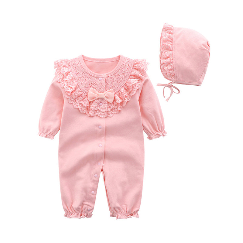 2 Pieces Set Baby Girls Solid Color Bow Lace Jumpsuits Wholesale 294810791