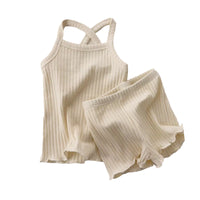 Load image into Gallery viewer, 2 Pieces Set Baby Kid Girls Solid Color Muslin&amp;Ribbed Tank Tops And Shorts Sleepwears Wholesale 996211923

