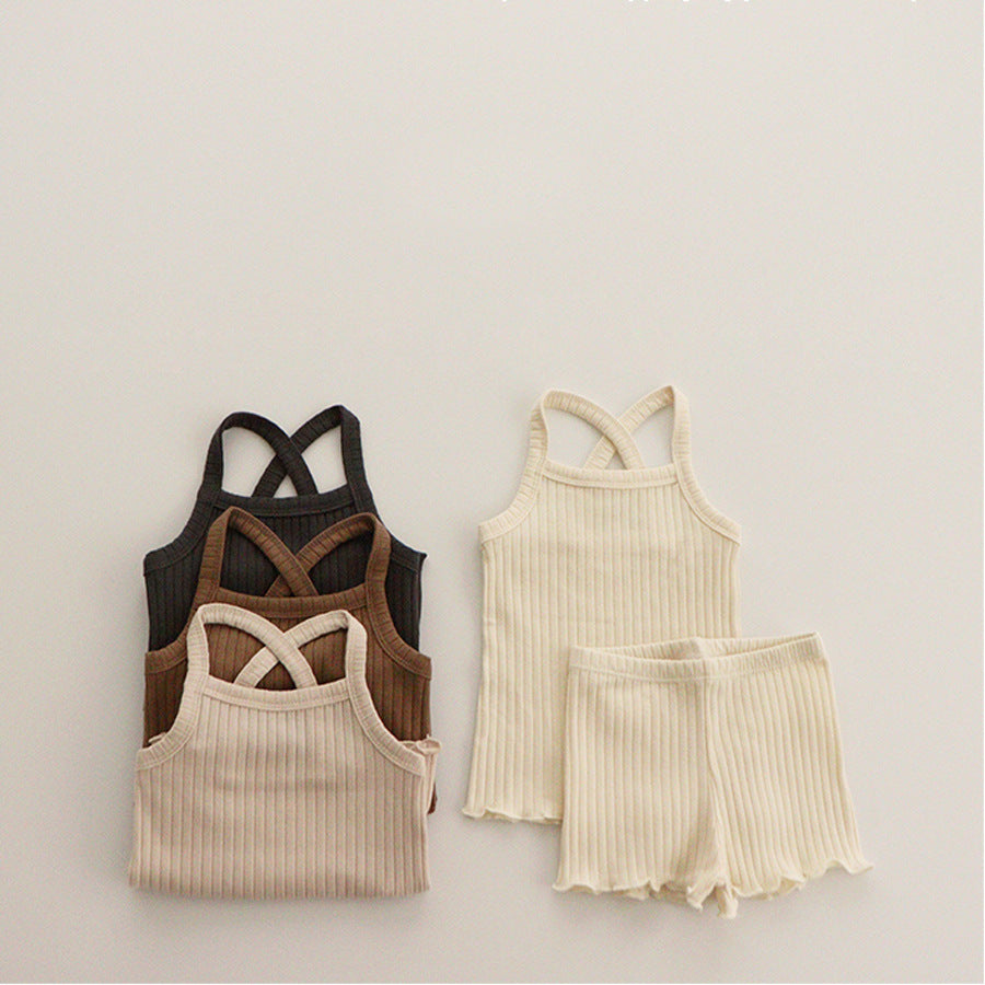 2 Pieces Set Baby Kid Girls Solid Color Muslin&Ribbed Tank Tops And Shorts Sleepwears Wholesale 996211923