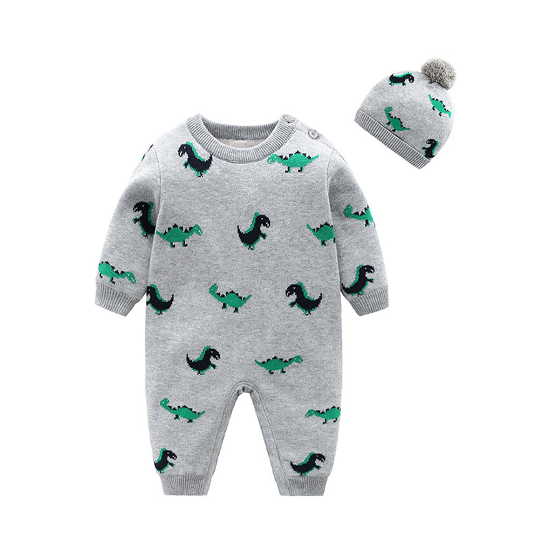 Baby Boy Dinosaur Knit Jumpsuit With Hat In Gray Wholesale 49003382