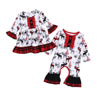 Load image into Gallery viewer, Kid Girl Plaid Flared Sleeve  Xmas Deer Dress 63486526
