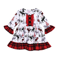 Load image into Gallery viewer, Kid Girl Plaid Flared Sleeve  Xmas Deer Dress 63486526
