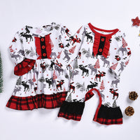 Load image into Gallery viewer, Kid Girl Plaid Flared Sleeve  Xmas Deer Dress 63486526

