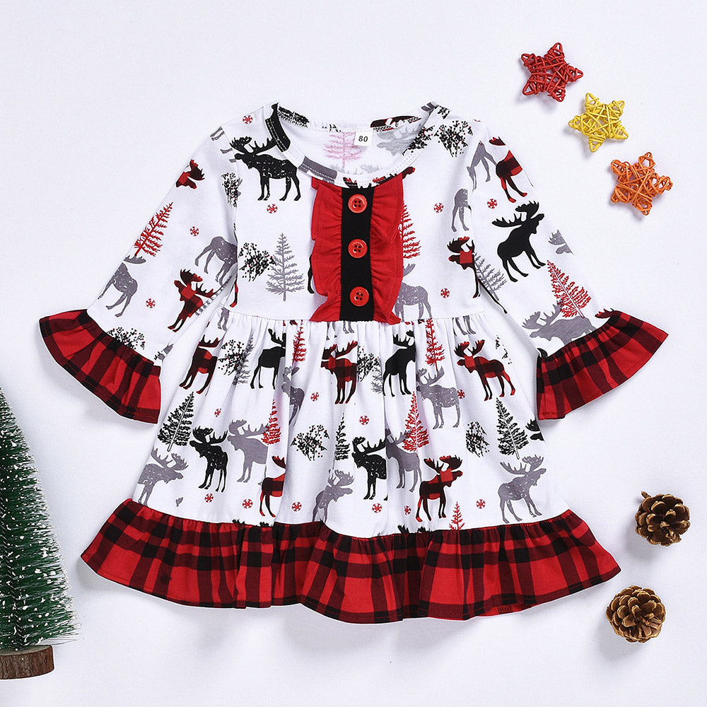 Kid Girl Plaid Flared Sleeve  Xmas Deer Dress 63486526