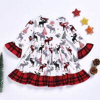 Load image into Gallery viewer, Kid Girl Plaid Flared Sleeve  Xmas Deer Dress 63486526
