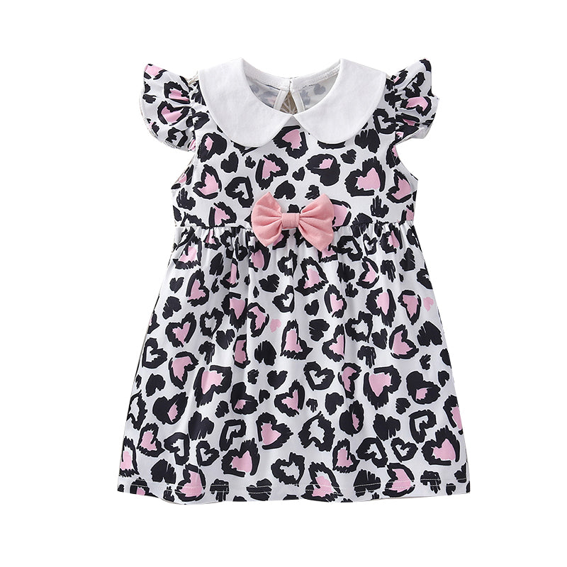 Baby Girl Contrast Collar Flutter Sleeve Bow Leopard Dress  Wholesale 18252566