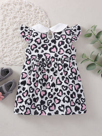 Load image into Gallery viewer, Baby Girl Contrast Collar Flutter Sleeve Bow Leopard Dress  Wholesale 18252566
