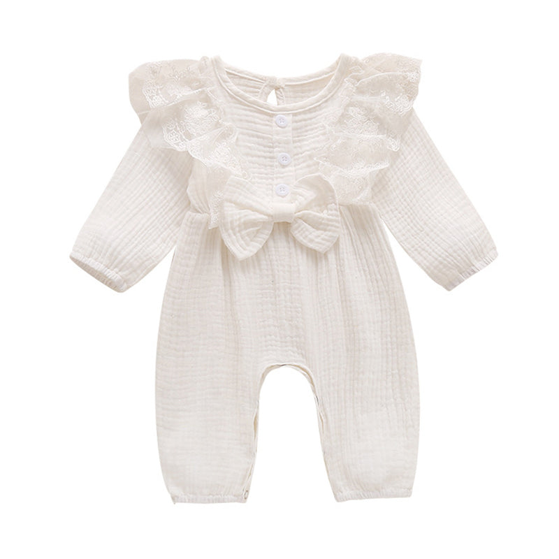 Baby Girls Solid Color Bow Lace Muslin&Ribbed Jumpsuits Wholesale 48466756