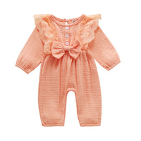 Load image into Gallery viewer, Baby Girls Solid Color Bow Lace Muslin&amp;Ribbed Jumpsuits Wholesale 48466756
