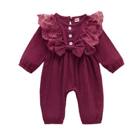 Load image into Gallery viewer, Baby Girls Solid Color Bow Lace Muslin&amp;Ribbed Jumpsuits Wholesale 48466756
