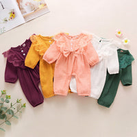 Load image into Gallery viewer, Baby Girls Solid Color Bow Lace Muslin&amp;Ribbed Jumpsuits Wholesale 48466756
