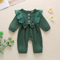Load image into Gallery viewer, Baby Girls Solid Color Bow Lace Muslin&amp;Ribbed Jumpsuits Wholesale 48466756
